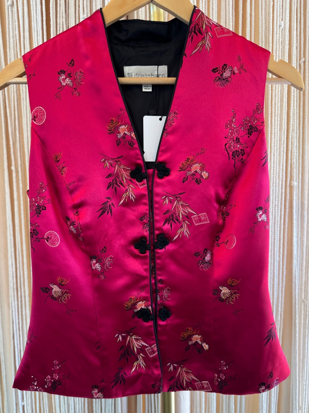 Vintage Dressbarn fuchsia pink satin Chinese vest v-neck frog knot buttons small - Picture 16 of 16